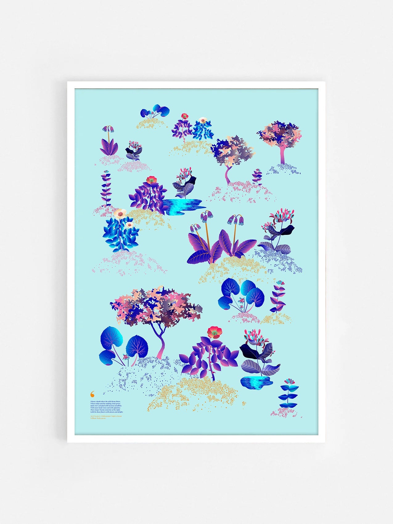 Floral art print 'Midsummer Forest' with electric blue, day-glow, and buttercup hues, inspired by Shakespeare's woodland - White Frame.