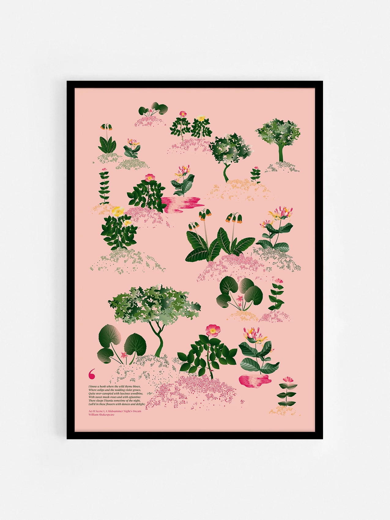 Floral art print 'Midsummer Forest' with forest green, saffron, and magenta hues, inspired by Shakespeare's woodland - Black Frame.