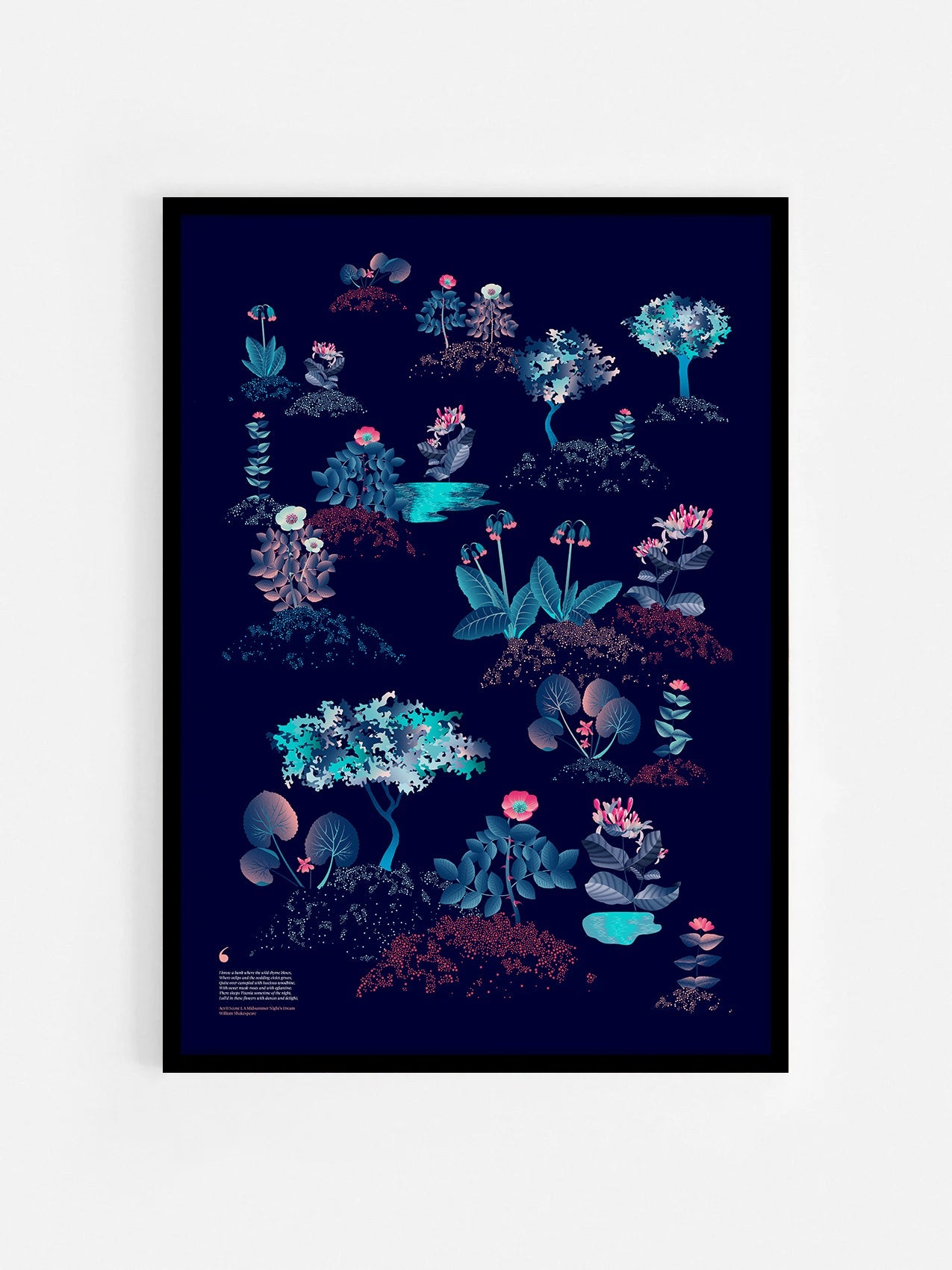 Floral art print 'Midsummer Forest' with ruby red, turquoise, and blue hues, inspired by Shakespeare's woodland - Black Frame.