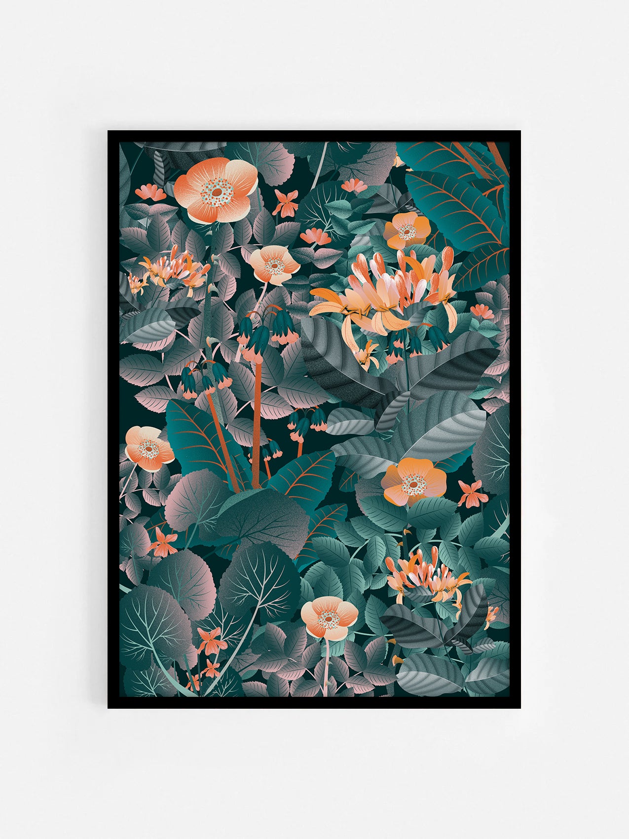 Floral art print 'Flower Fields' with teal, mandarin, and vivid orange hues, inspired by Shakespeare's enchanted forest - Black Frame.