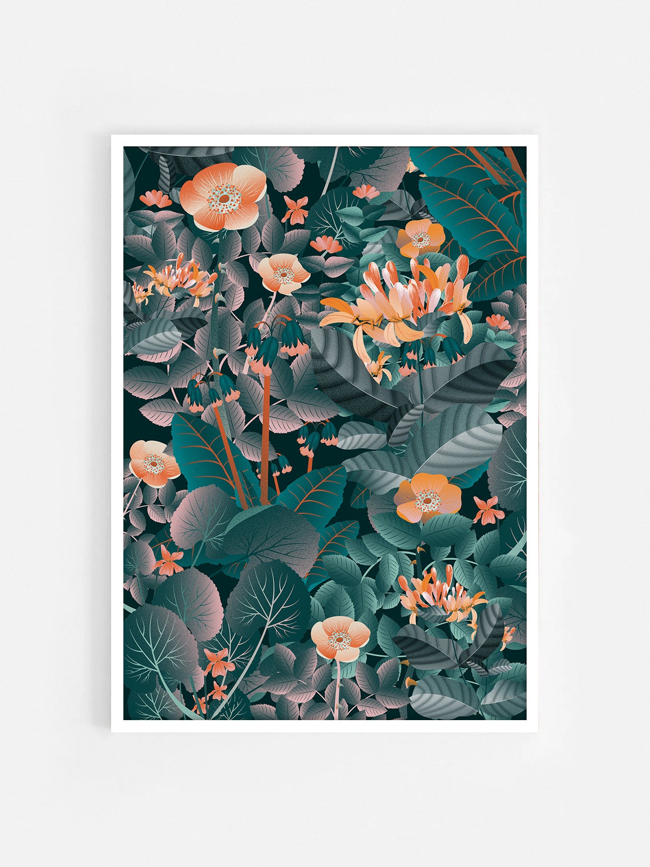Floral art print 'Flower Fields' with teal, mandarin, and vivid orange hues, inspired by Shakespeare's enchanted forest - White Frame.
