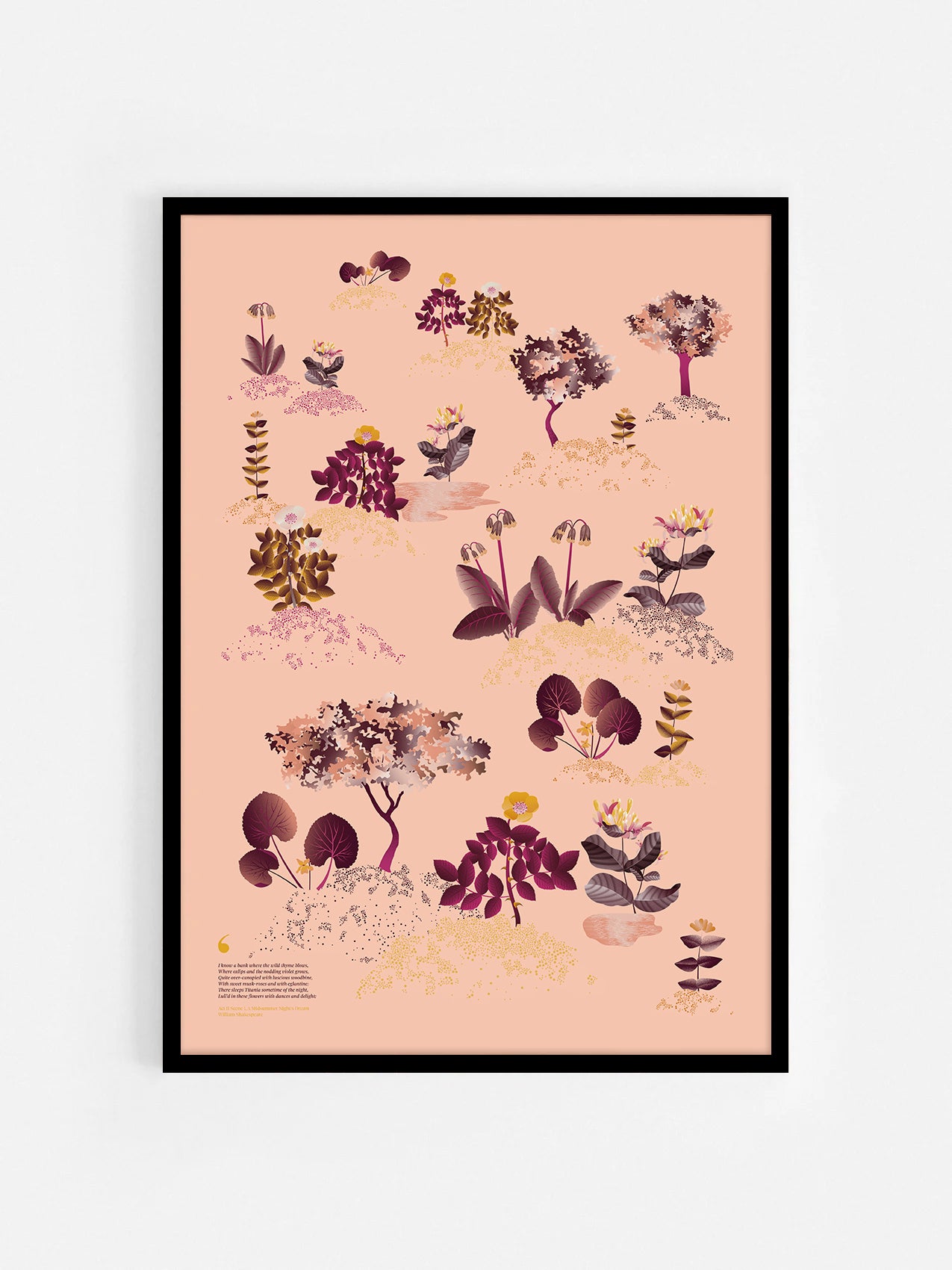 Floral art print 'Midsummer Forest' with aubergine, rose, and orange hues, inspired by Shakespeare's woodland - Black Frame.