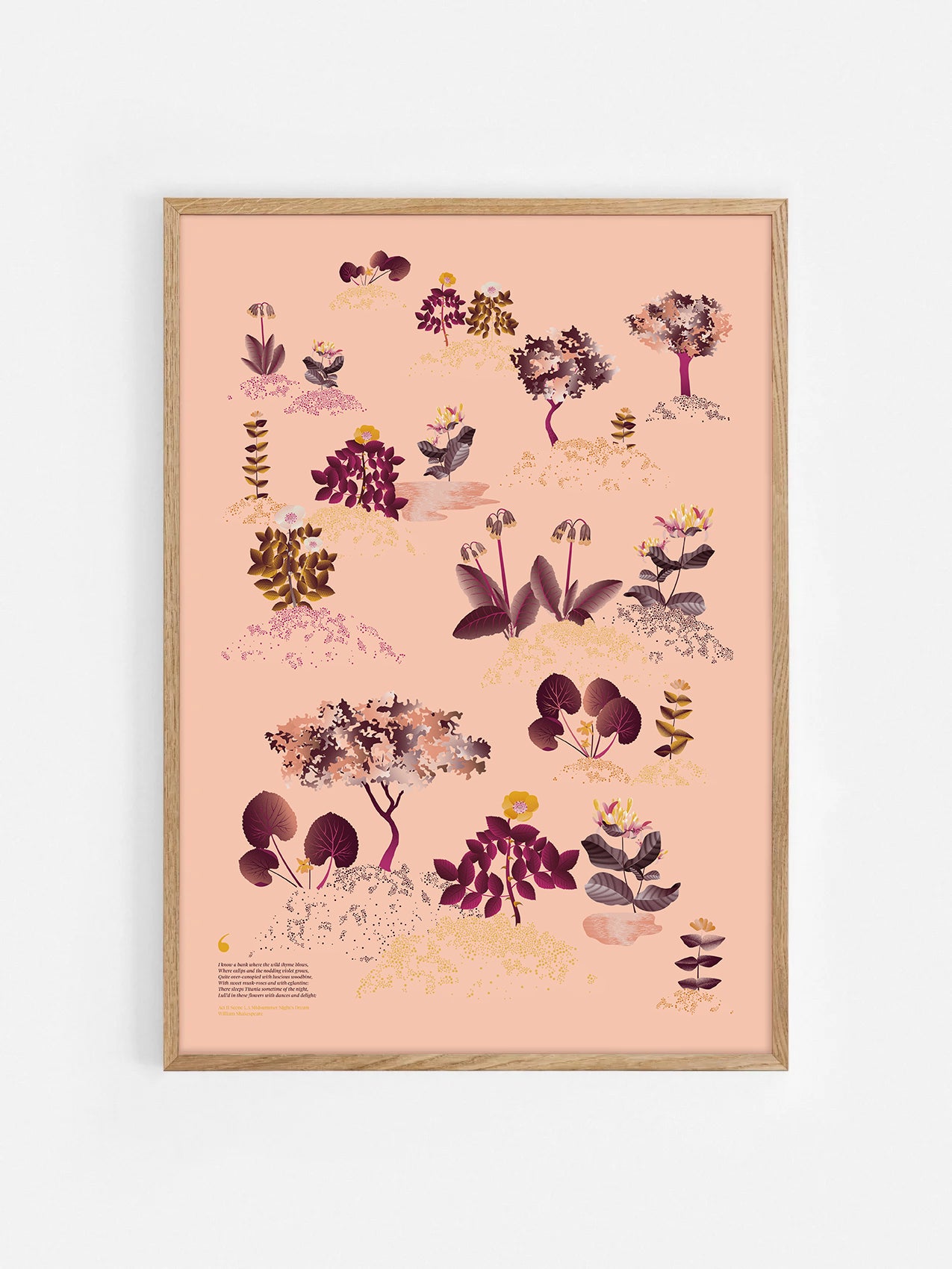 Floral art print 'Midsummer Forest' with aubergine, rose, and orange hues, inspired by Shakespeare's woodland - Oak Frame.