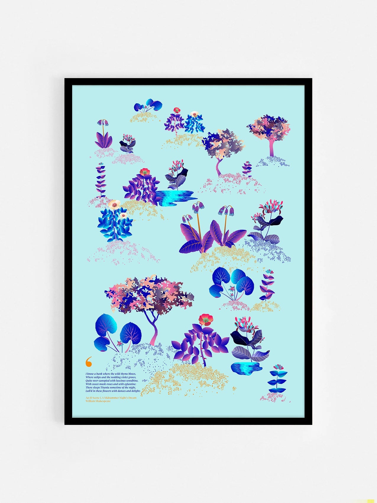Floral art print 'Midsummer Forest' with electric blue, day-glow, and buttercup hues, inspired by Shakespeare's woodland - Black Frame.