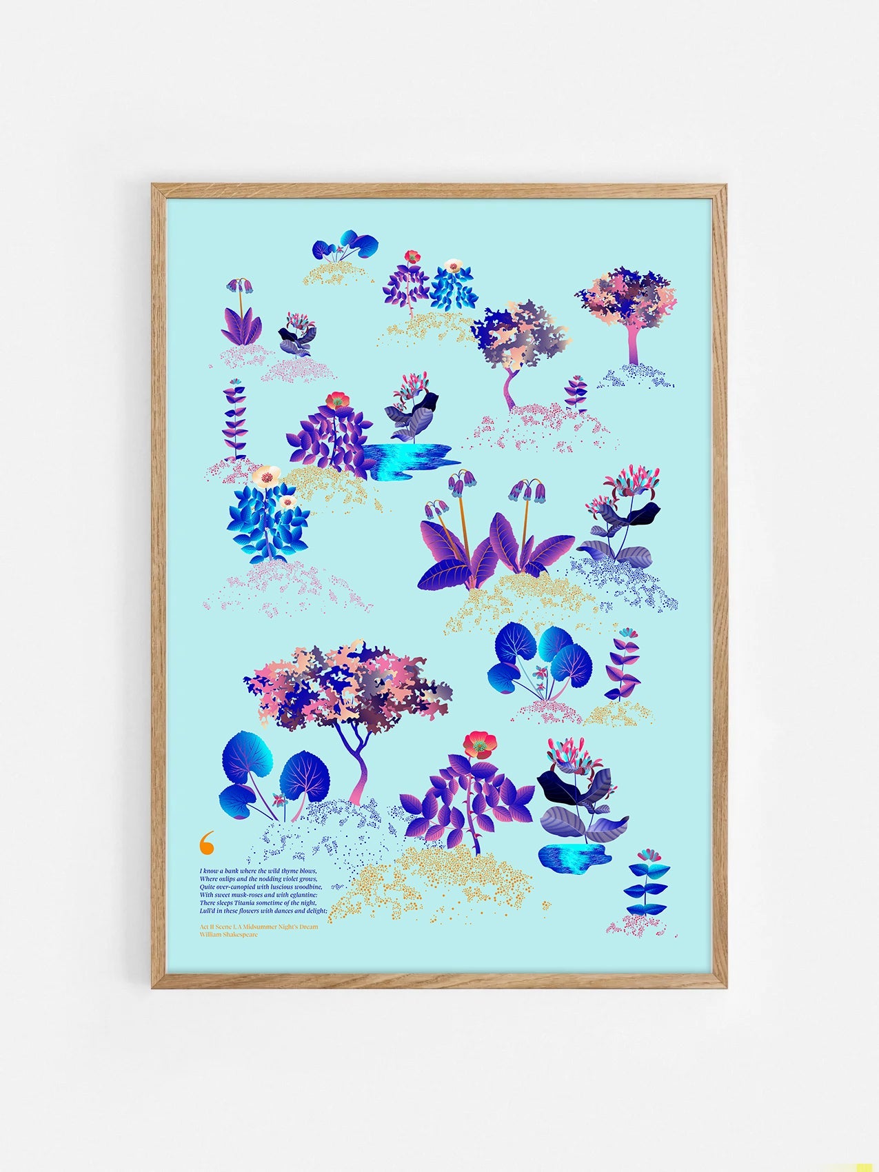 Floral art print 'Midsummer Forest' with electric blue, day-glow, and buttercup hues, inspired by Shakespeare's woodland - Oak Frame.
