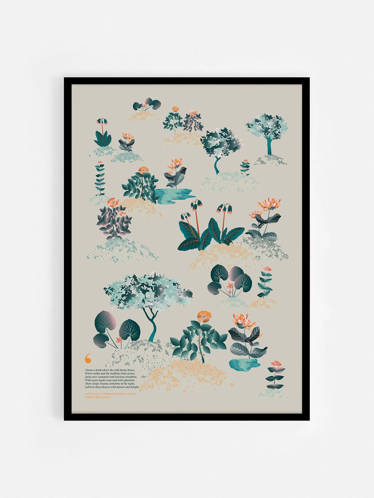 Floral art print 'Midsummer Forest' with teal, mandarin, and orange hues, inspired by Shakespeare's woodland - Black Frame.