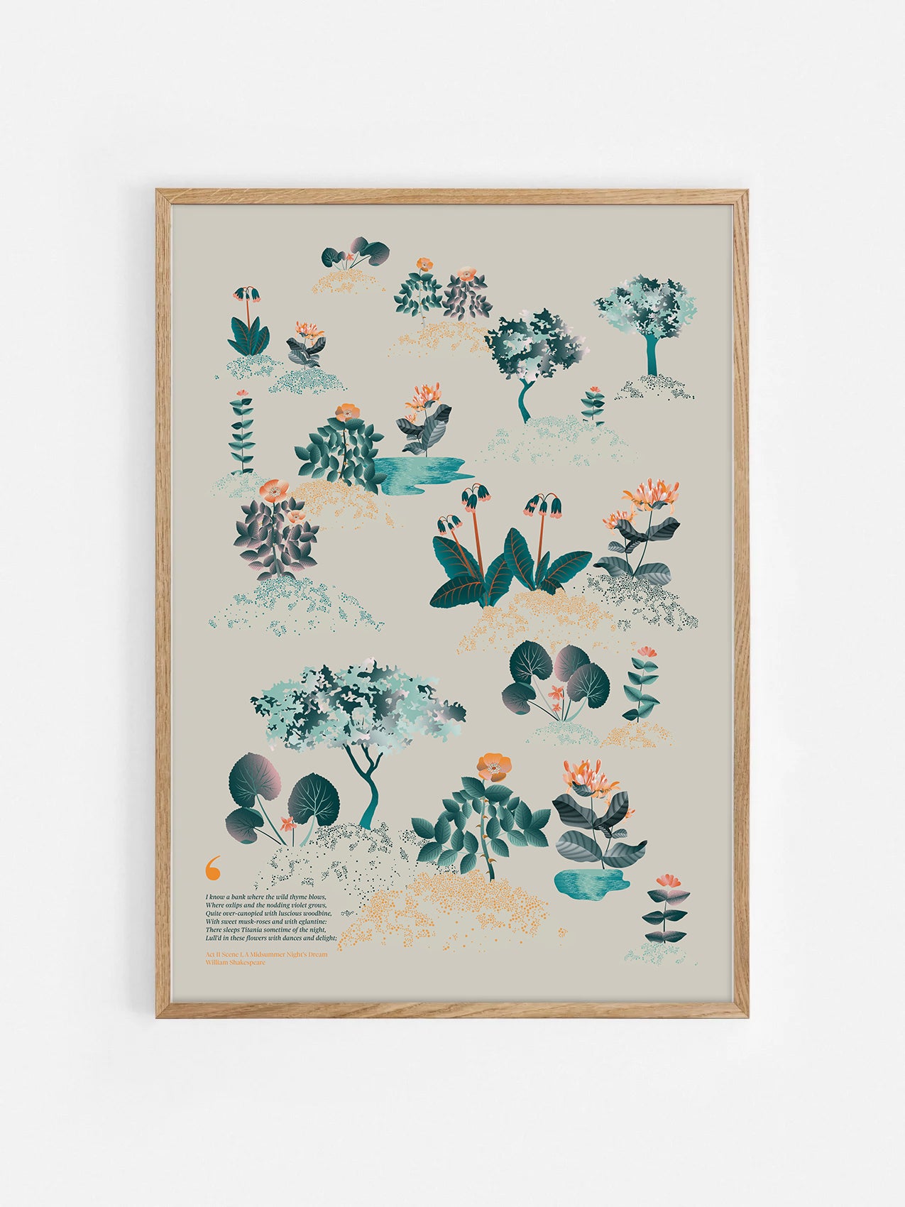 Floral art print 'Midsummer Forest' with teal, mandarin, and orange hues, inspired by Shakespeare's woodland - Oak Frame