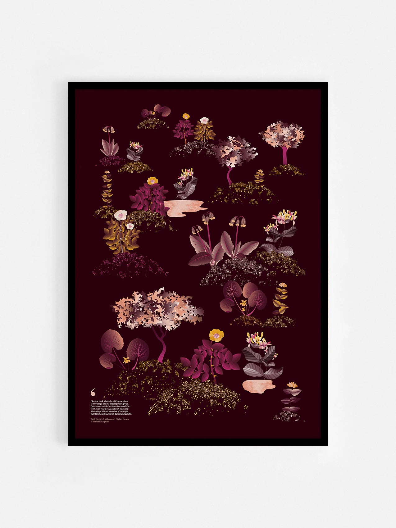 Floral art print 'Midsummer Forest' with aubergine, rose, and orange hues, inspired by Shakespeare's woodland - Black Frame.