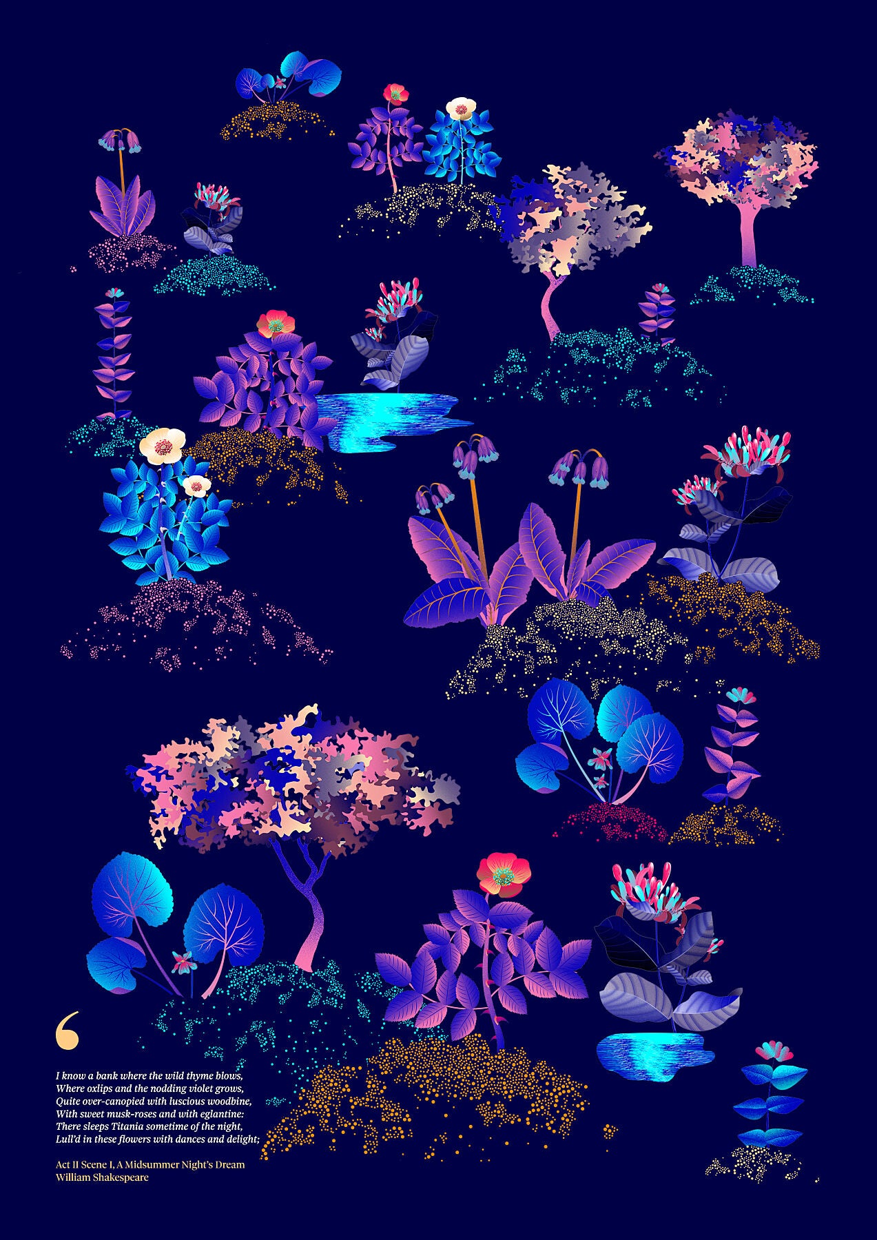 Floral art print 'Midsummer Forest' with electric blue, day-glow, and buttercup hues, inspired by Shakespeare's woodland - Print Only.