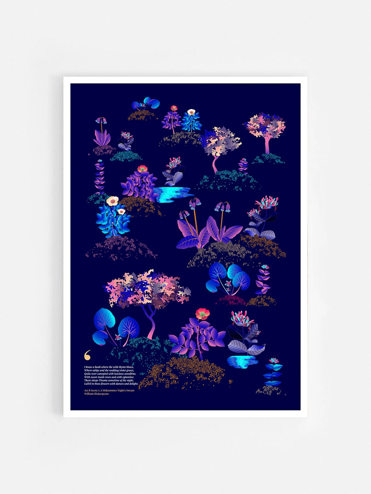 Floral art print 'Midsummer Forest' with electric blue, day-glow, and buttercup hues, inspired by Shakespeare's woodland - White Frame.