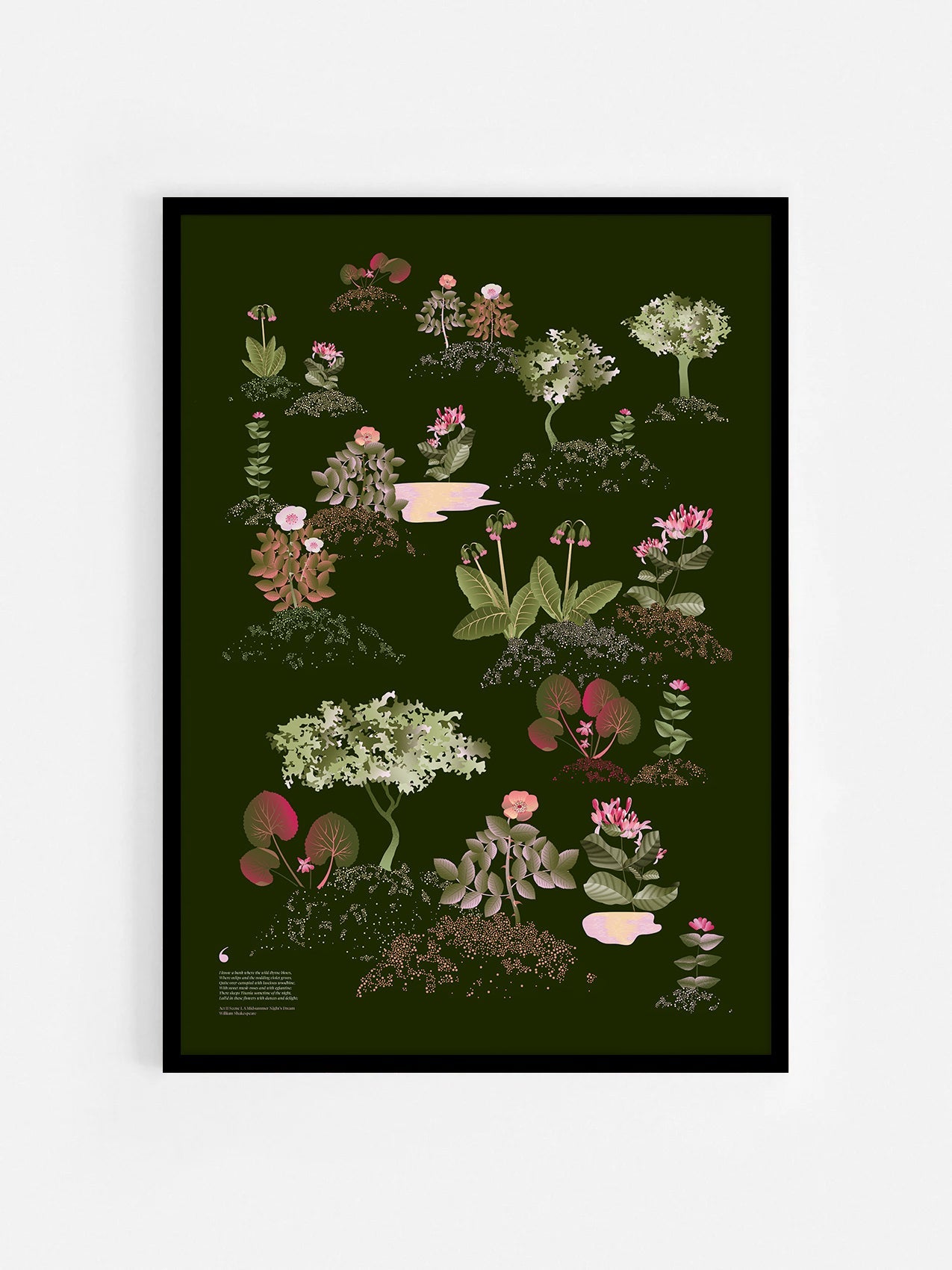 Floral art print 'Midsummer Forest' with olive, pink, and pomegranate hues, inspired by Shakespeare's woodland - Black Frame.