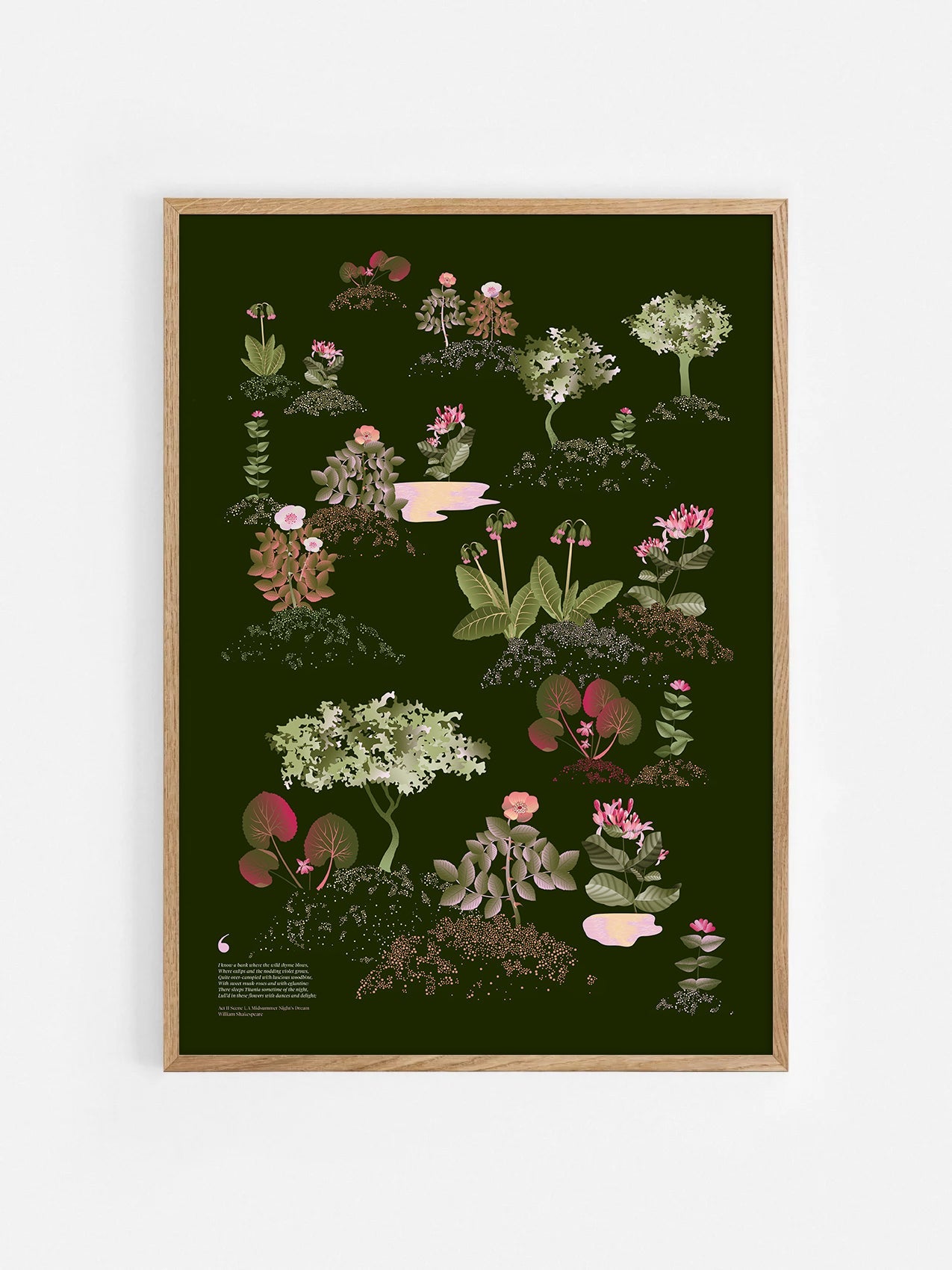 Floral art print 'Midsummer Forest' with olive, pink, and pomegranate hues, inspired by Shakespeare's woodland - Oak Frame.