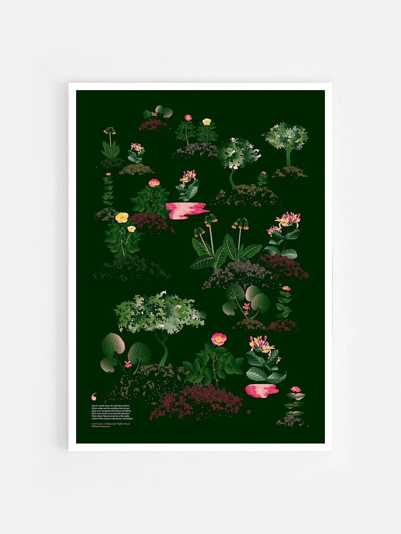 Floral art print 'Midsummer Forest' with forest green, saffron, and magenta hues, inspired by Shakespeare's woodland - White Frame.