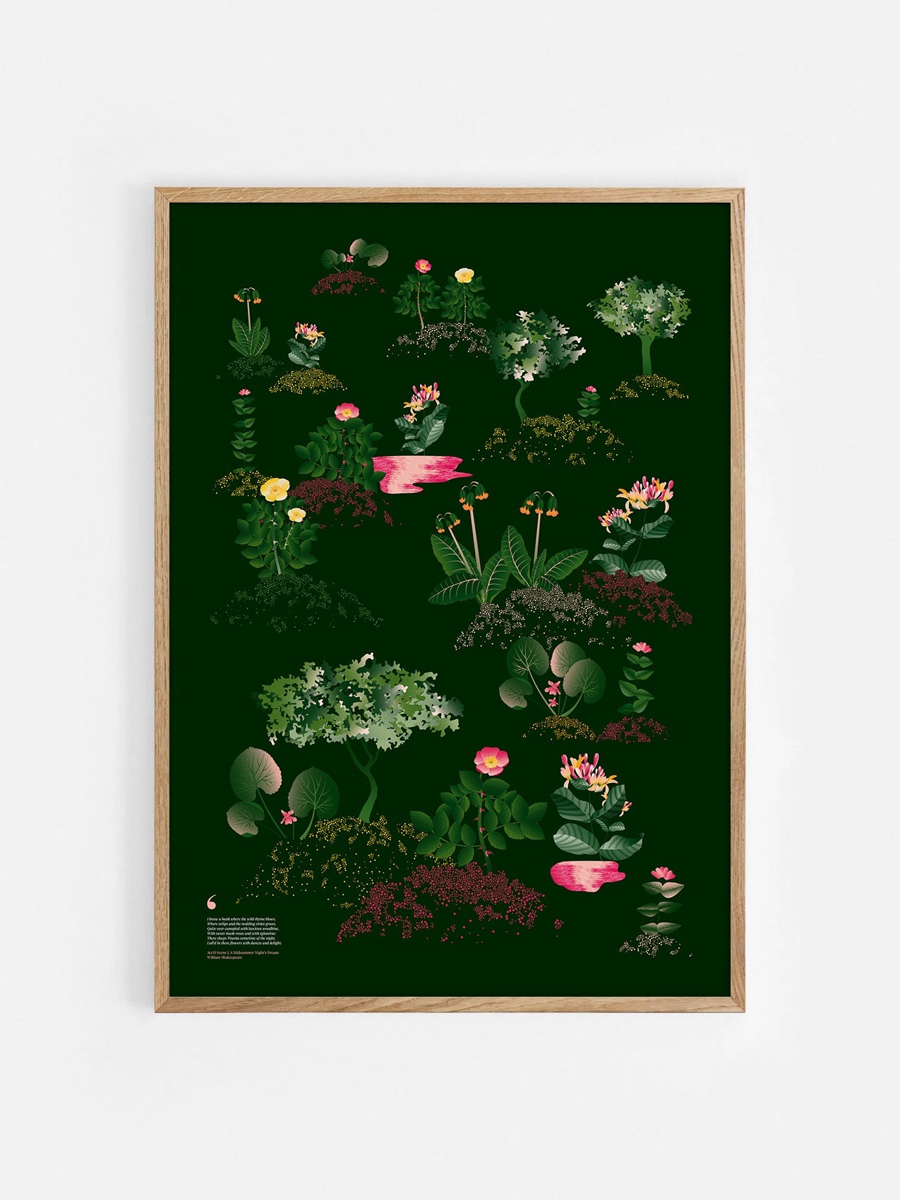 Floral art print 'Midsummer Forest' with forest green, saffron, and magenta hues, inspired by Shakespeare's woodland - Oak Frame.