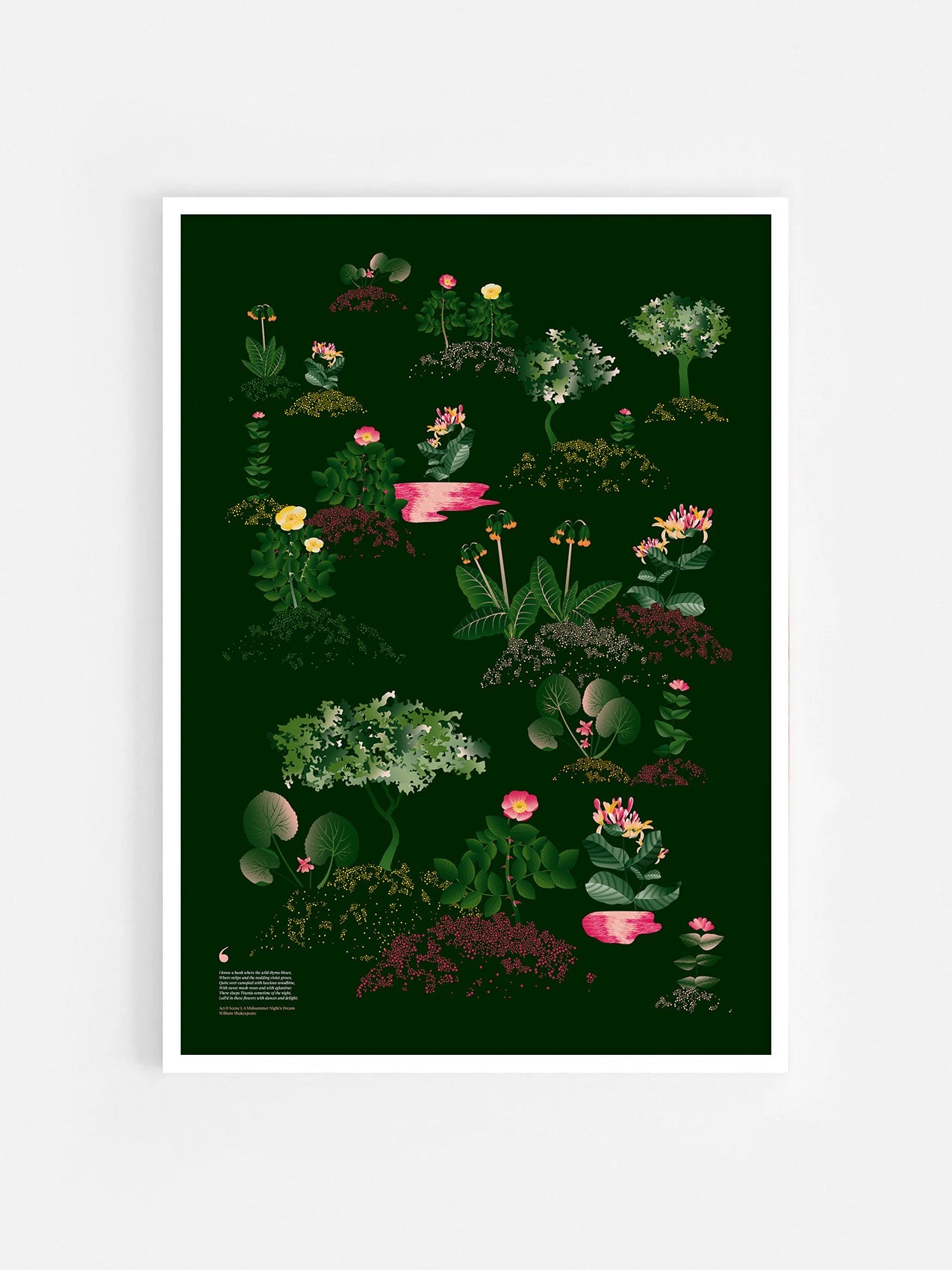 Floral art print 'Midsummer Forest' with forest green, saffron, and magenta hues, inspired by Shakespeare's woodland - White Frame.