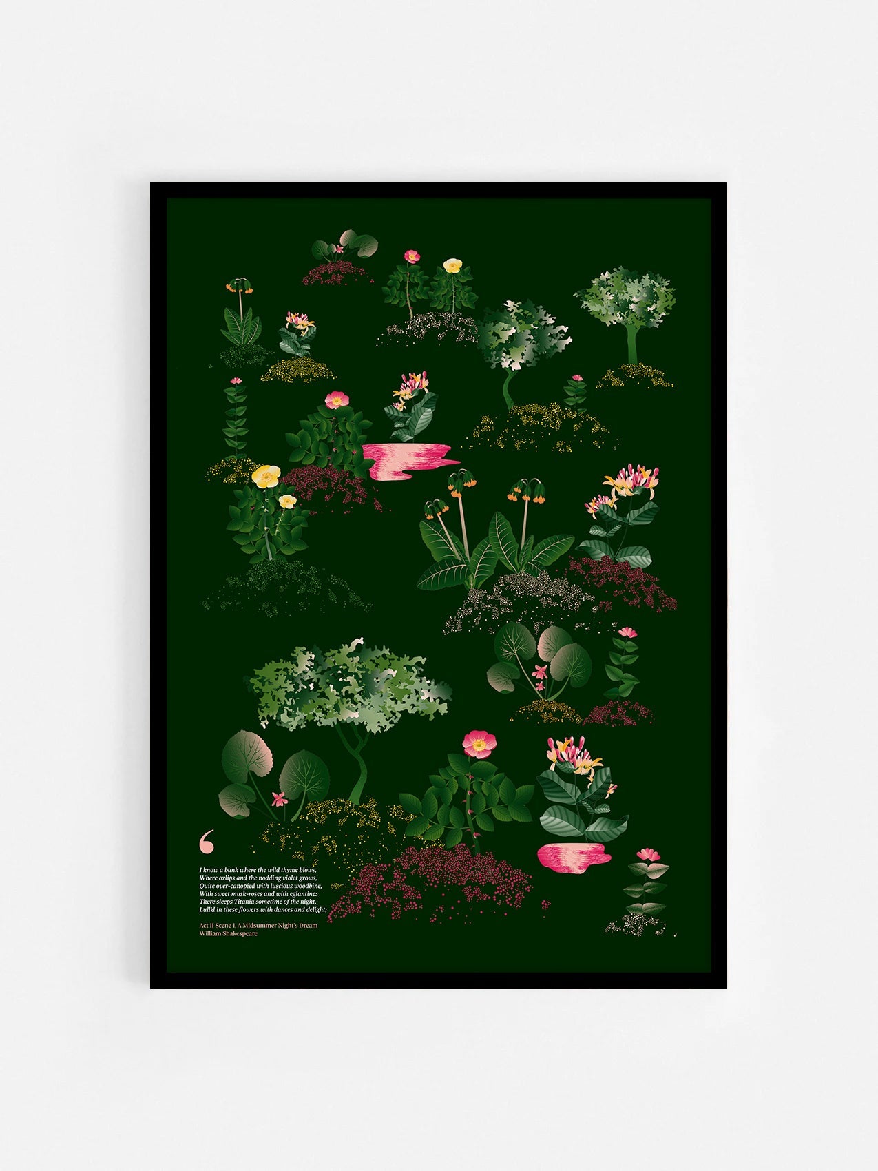 Floral art print 'Midsummer Forest' with forest green, saffron, and magenta hues, inspired by Shakespeare's woodland - Black Frame.